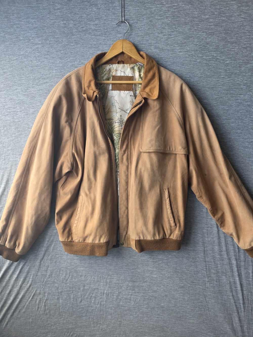 Vintage Marlboro Adventure Team Suede Leather Bomber Jacket XL Map Lined